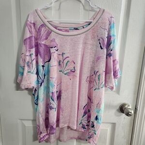 Chicos 100% linen floral pastel colorful abstract tee shirt island women size XX
